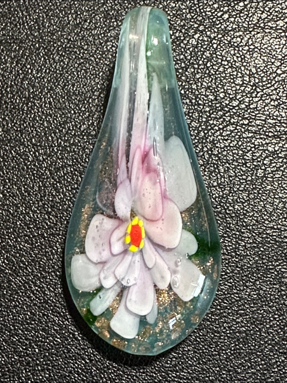 Teardrop Light Blue Gold Fleck Lavender Flower Art Glass Pendant